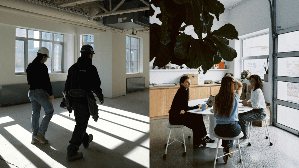 Groupe de personnes en réunion dans un espace de coworking lumineux.